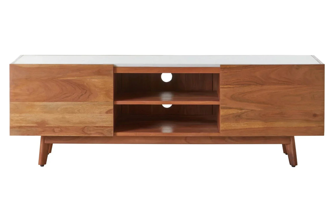 Solid wood TV unit with two closed cabinets and central open shelving, cable holes at back