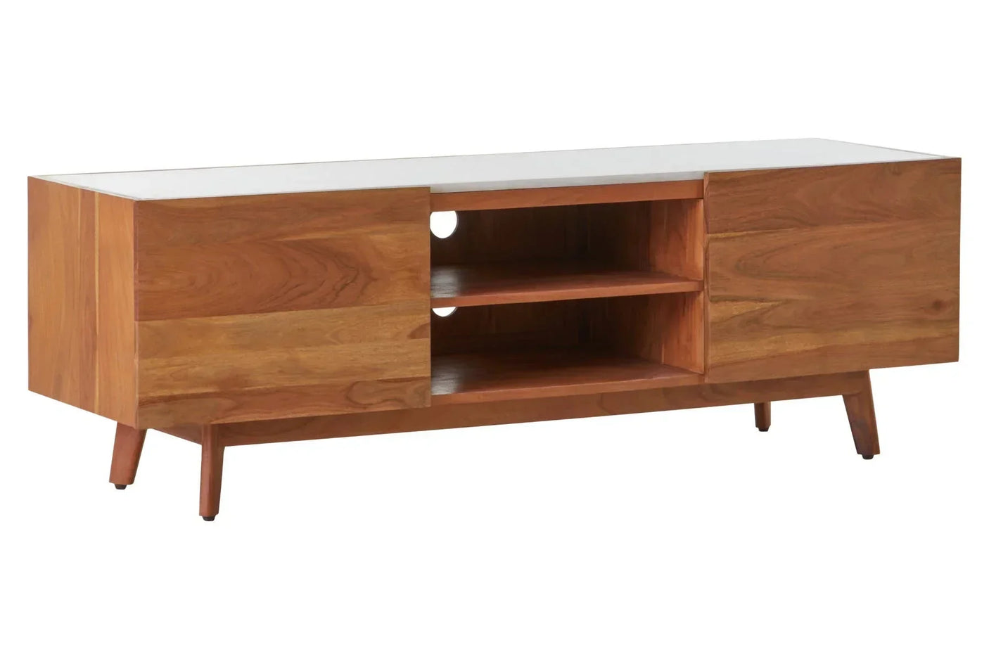 Wooden TV unit with two side cabinets and open shelving, mid-century modern design