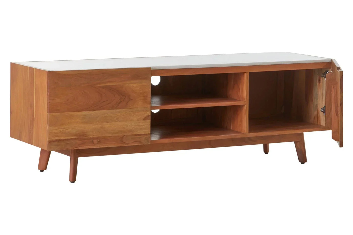 Mid-century wooden TV unit with open shelves and two cabinet doors on angled legs