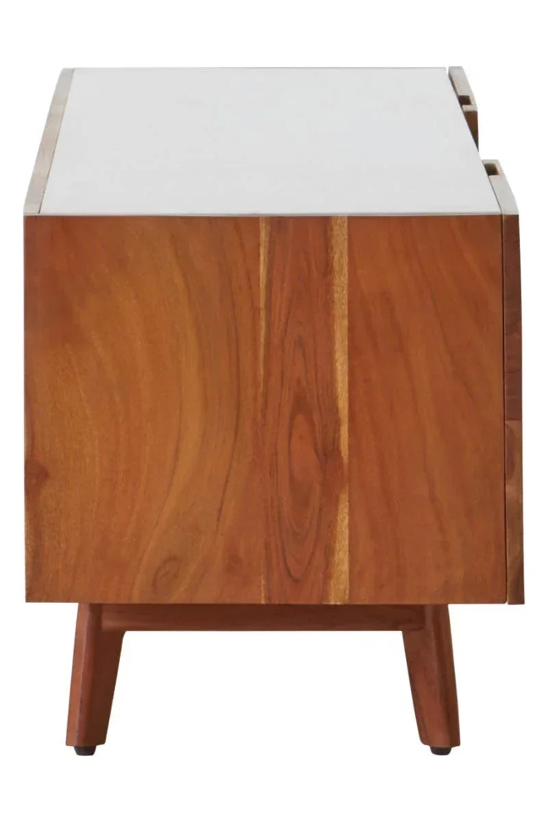 Side view of wooden sideboard with tapered legs and white top panel