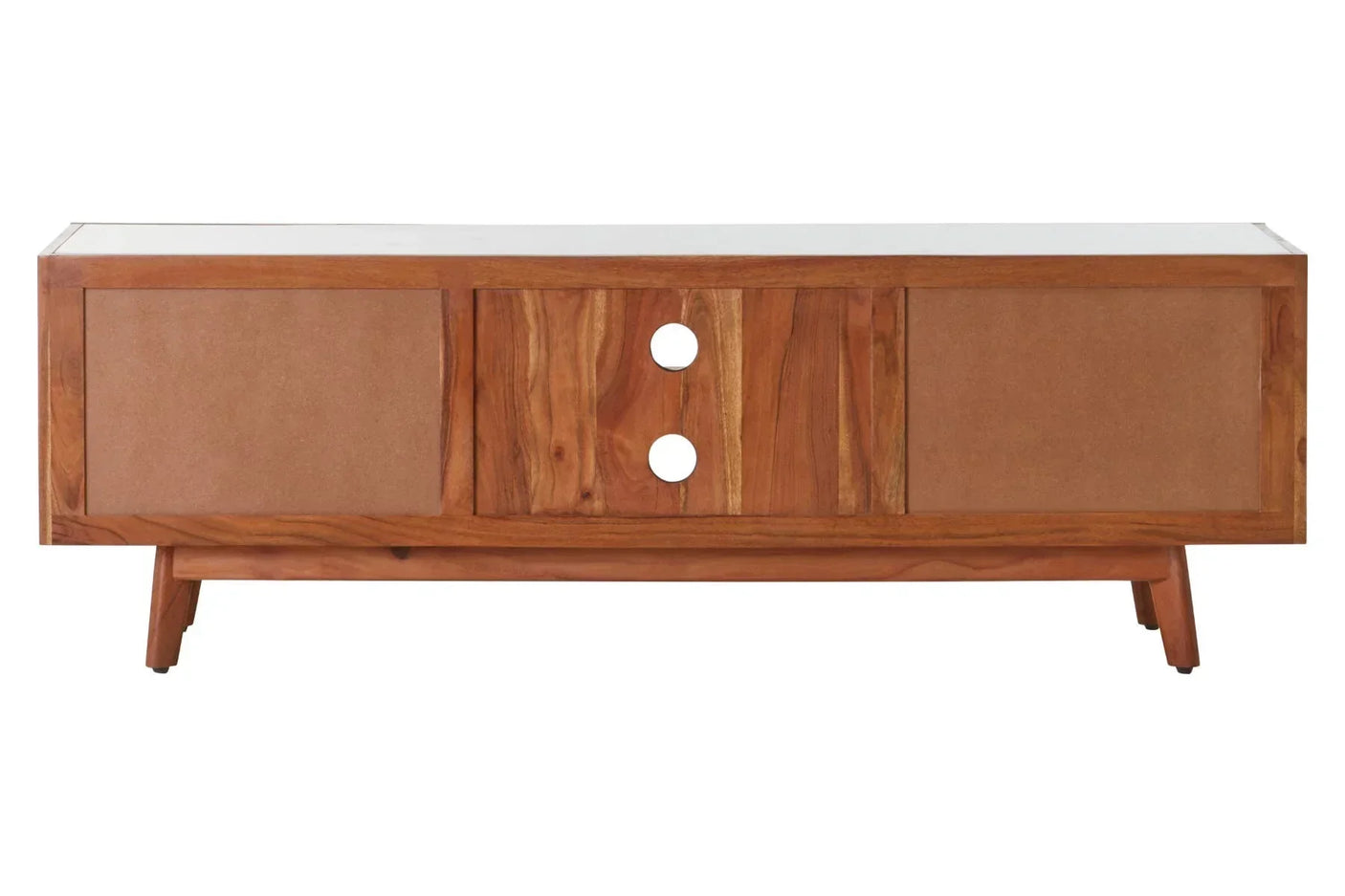 Wooden TV unit with two sliding doors and central cable management holes, front view