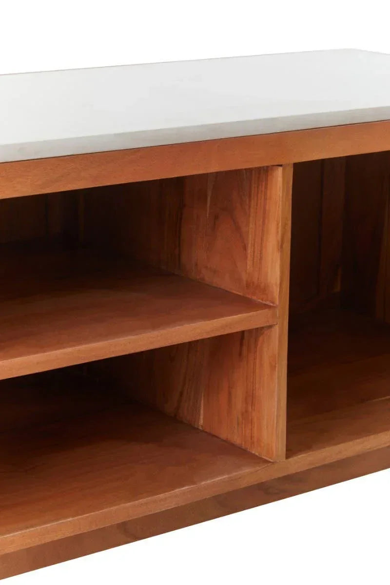 Wooden TV unit with open shelves and white top, close-up on shelving detail