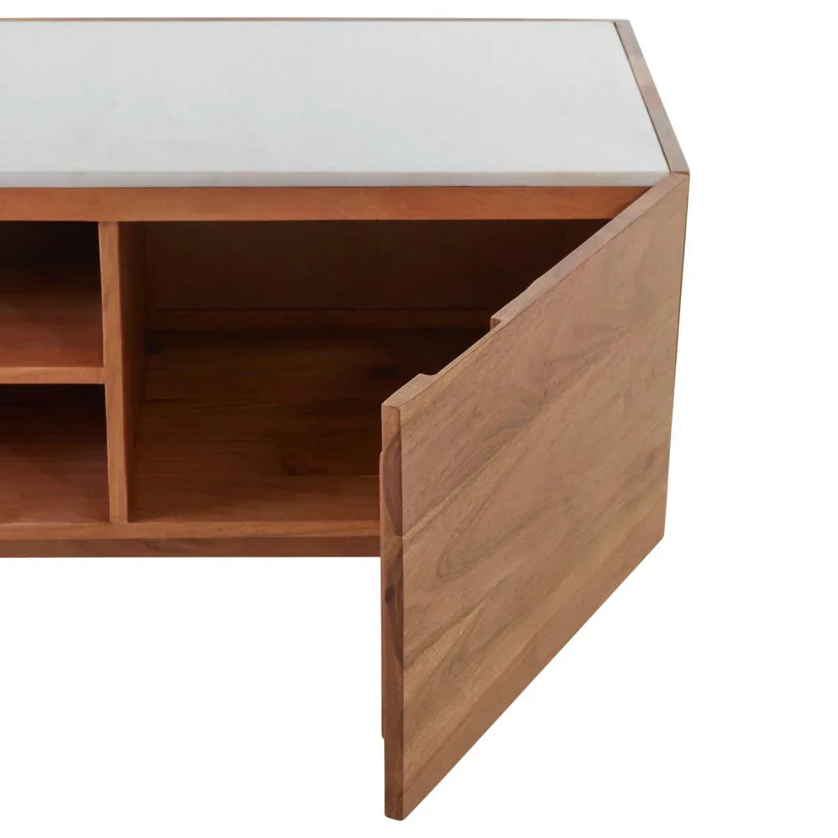 Wooden sideboard with open cabinet door and white top, close view of storage compartments