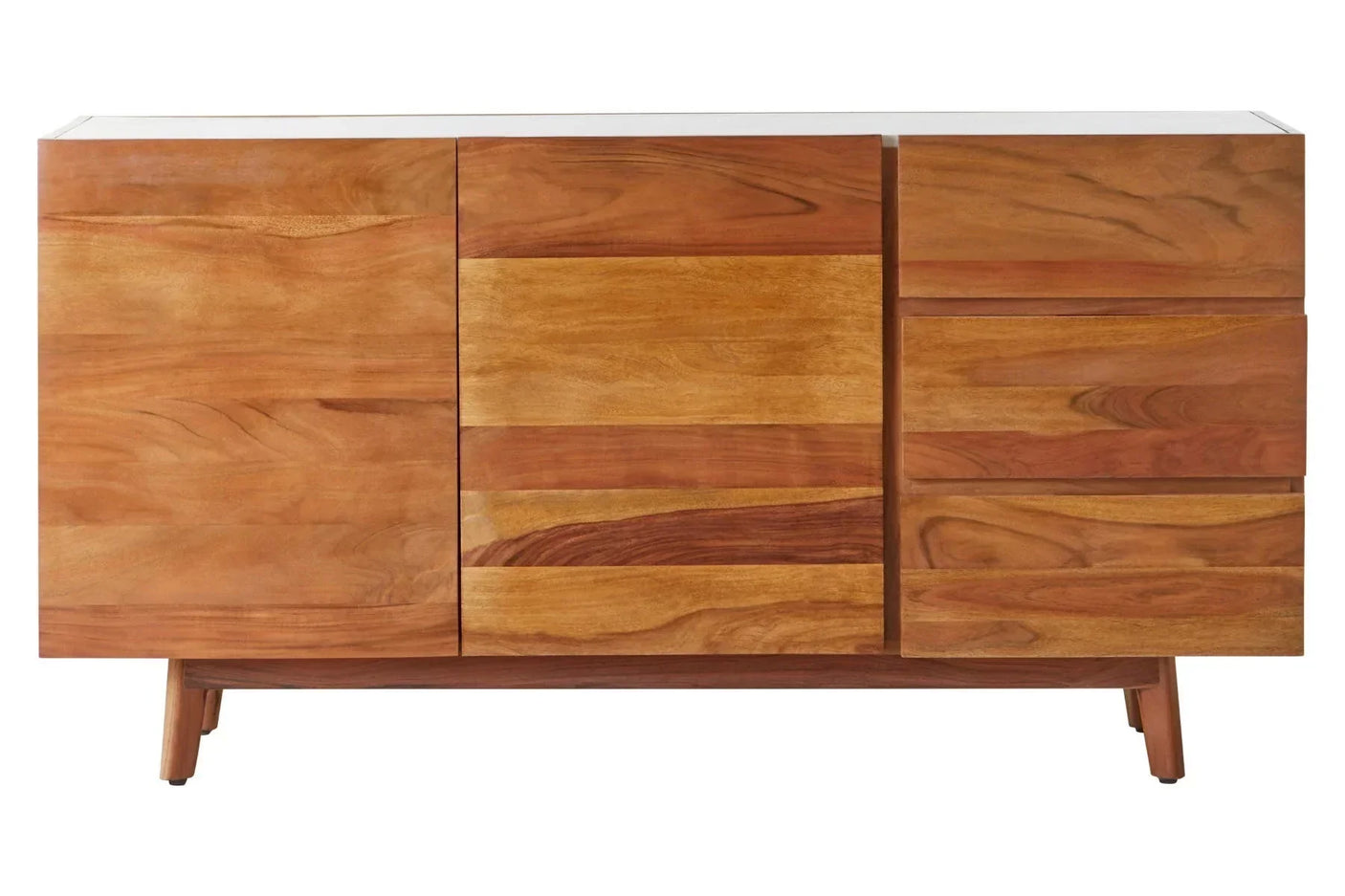 Mid-century style wooden sideboard with natural grain finish and raised legs