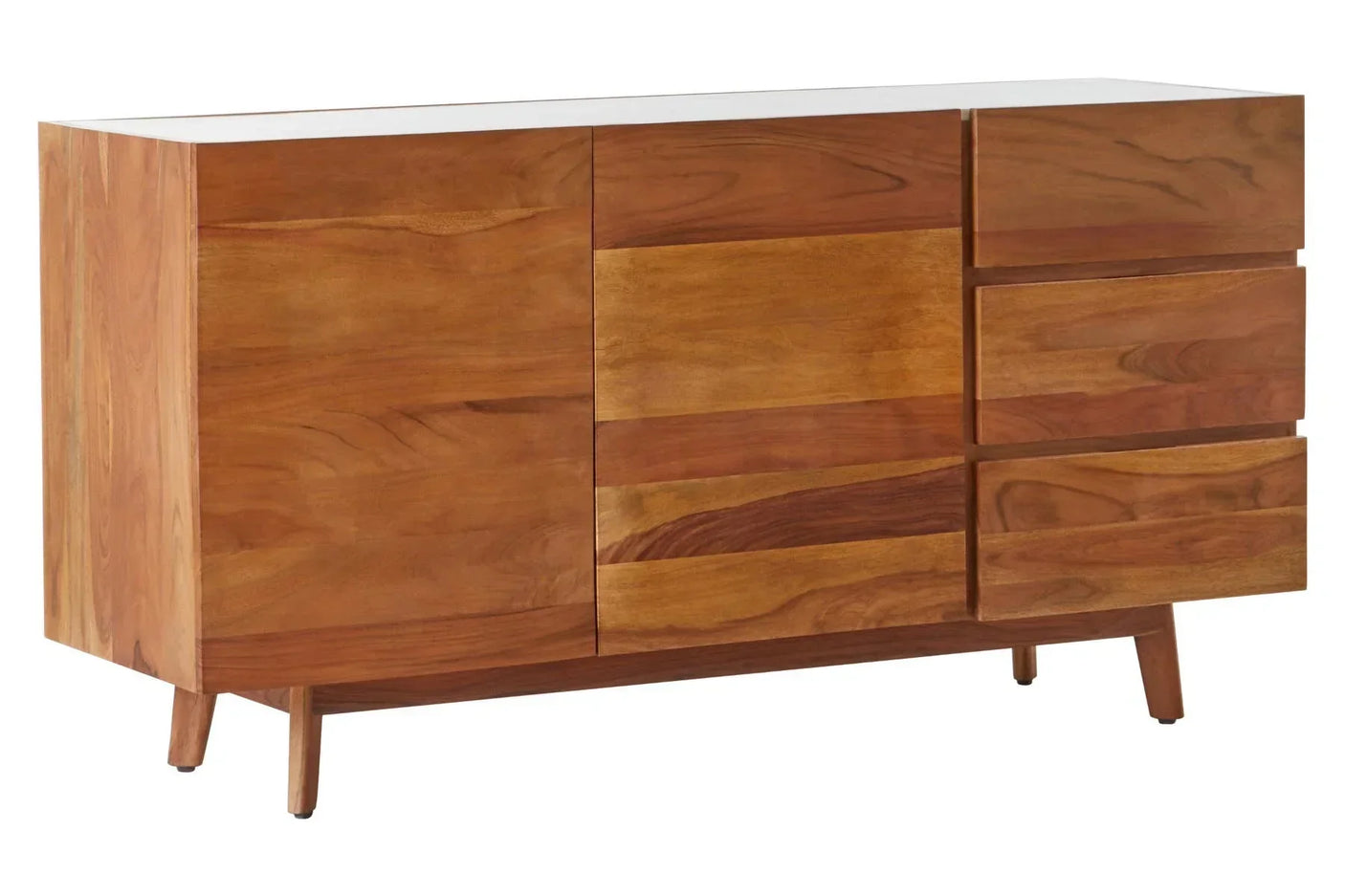 Solid wood sideboard with natural grain, two doors and four drawers, angled legs