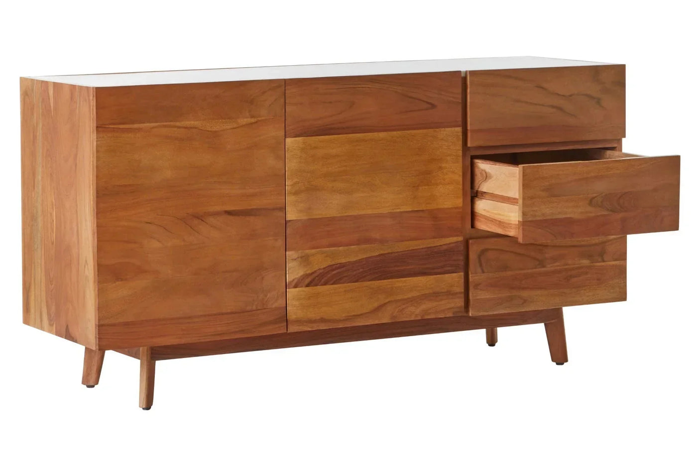 Solid wood sideboard with open drawer and natural grain finish on angled legs