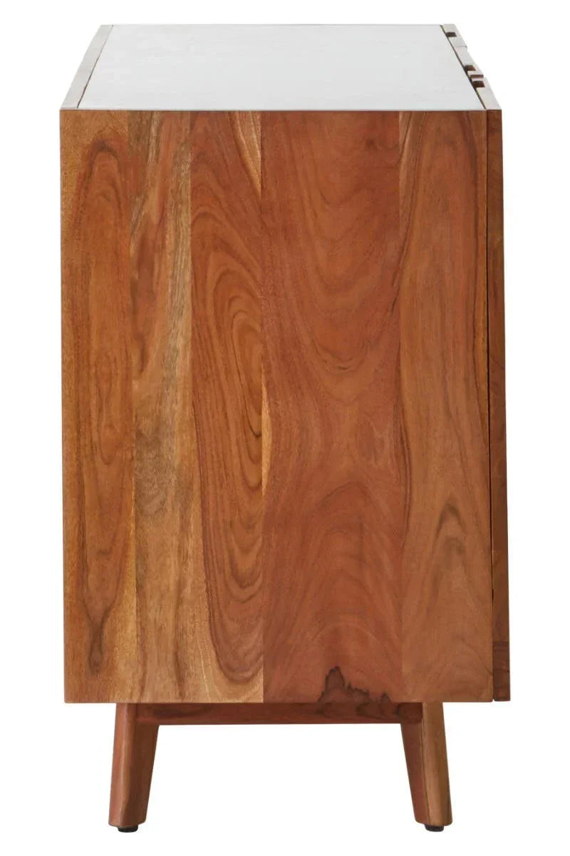 Side view of wooden sideboard with natural grain and tapered legs