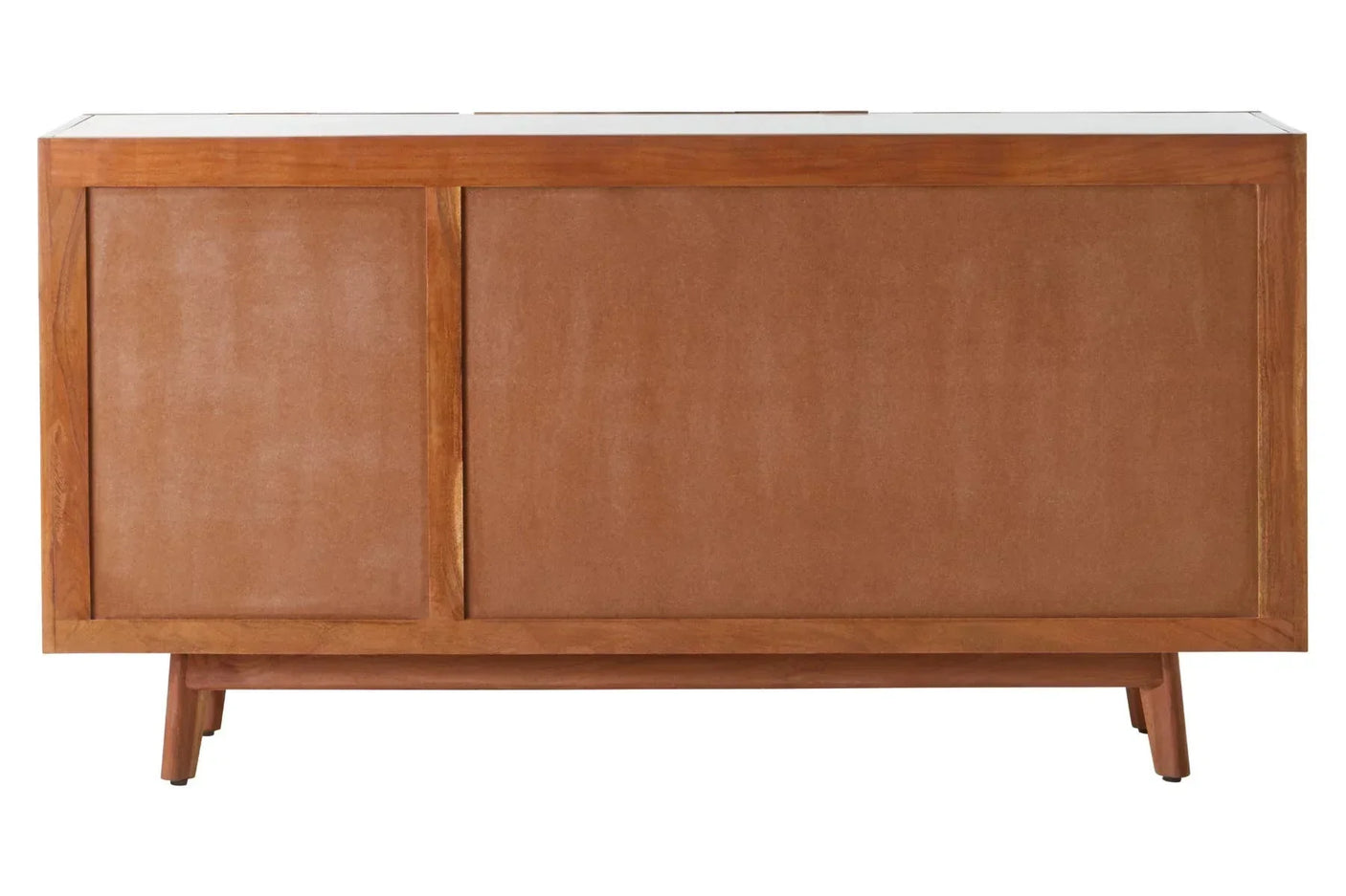 Mid-century modern sideboard with smooth brown wood finish and panel doors, rear view