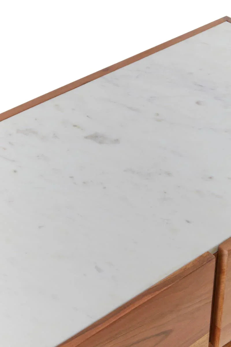 White marble top sideboard with natural wood frame and clean edges