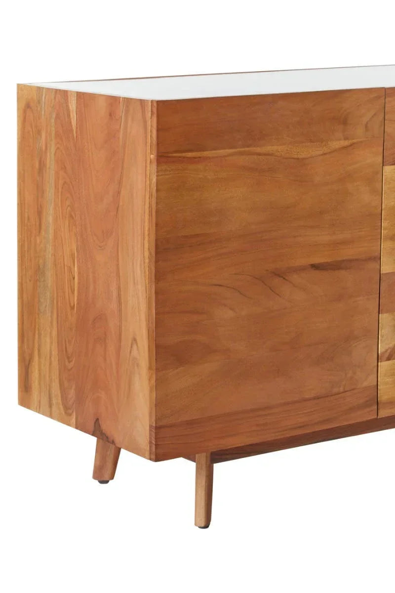 Closeup of wooden sideboard cabinet with natural grain and angled legs