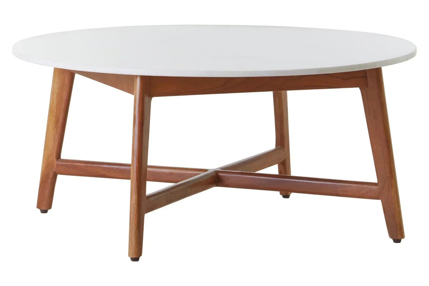 Round coffee table with white top and wooden legs, angled view