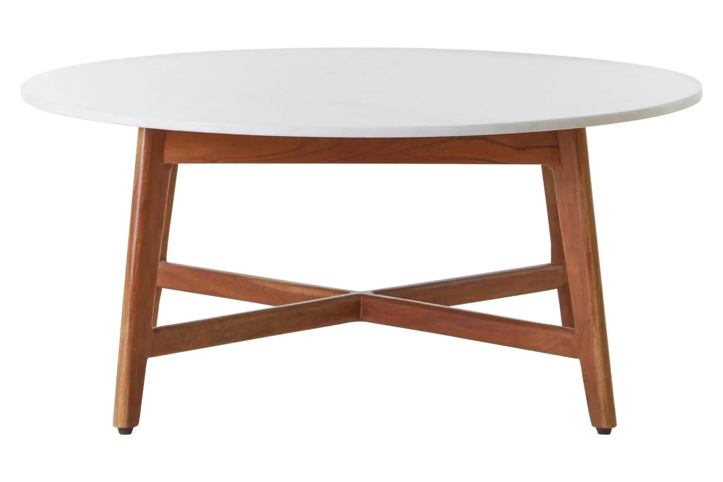 Round coffee table with white top and wooden cross-leg base
