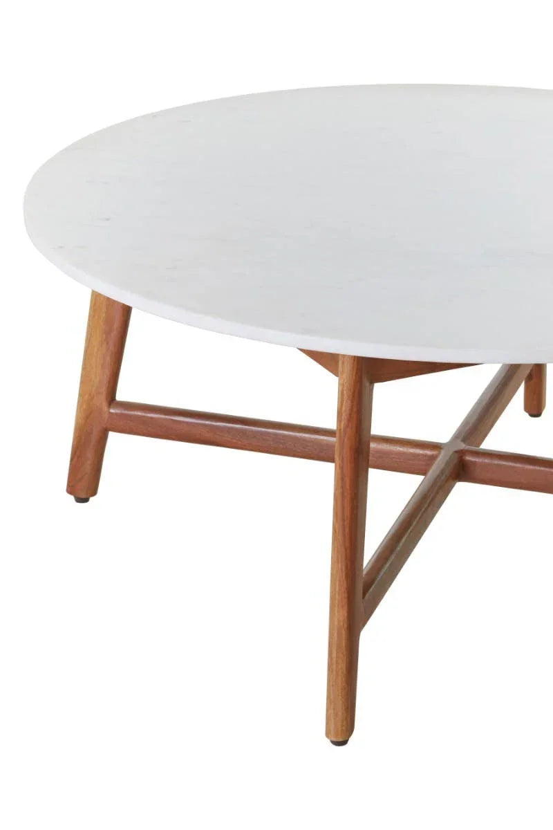 round marble coffee table with wooden legs, close-up on white background