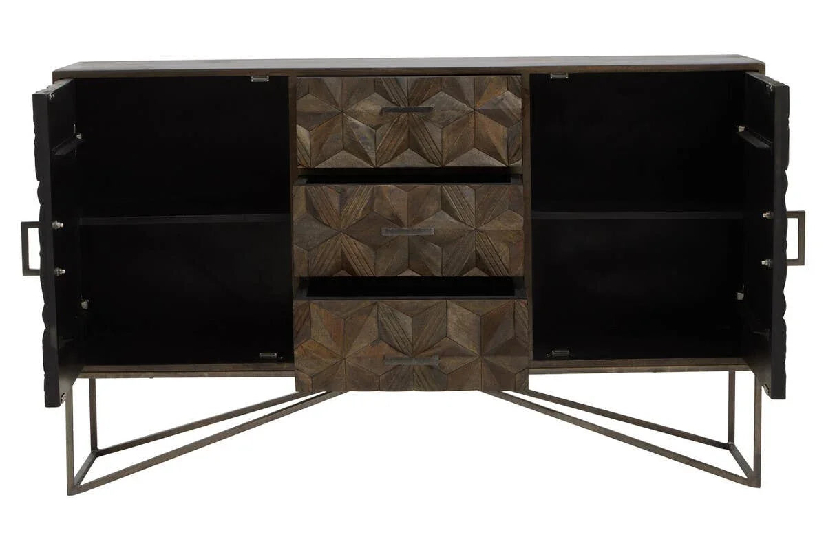 Solana Brown Geometric Pattern Mango Wood Sideboard with Metal Base