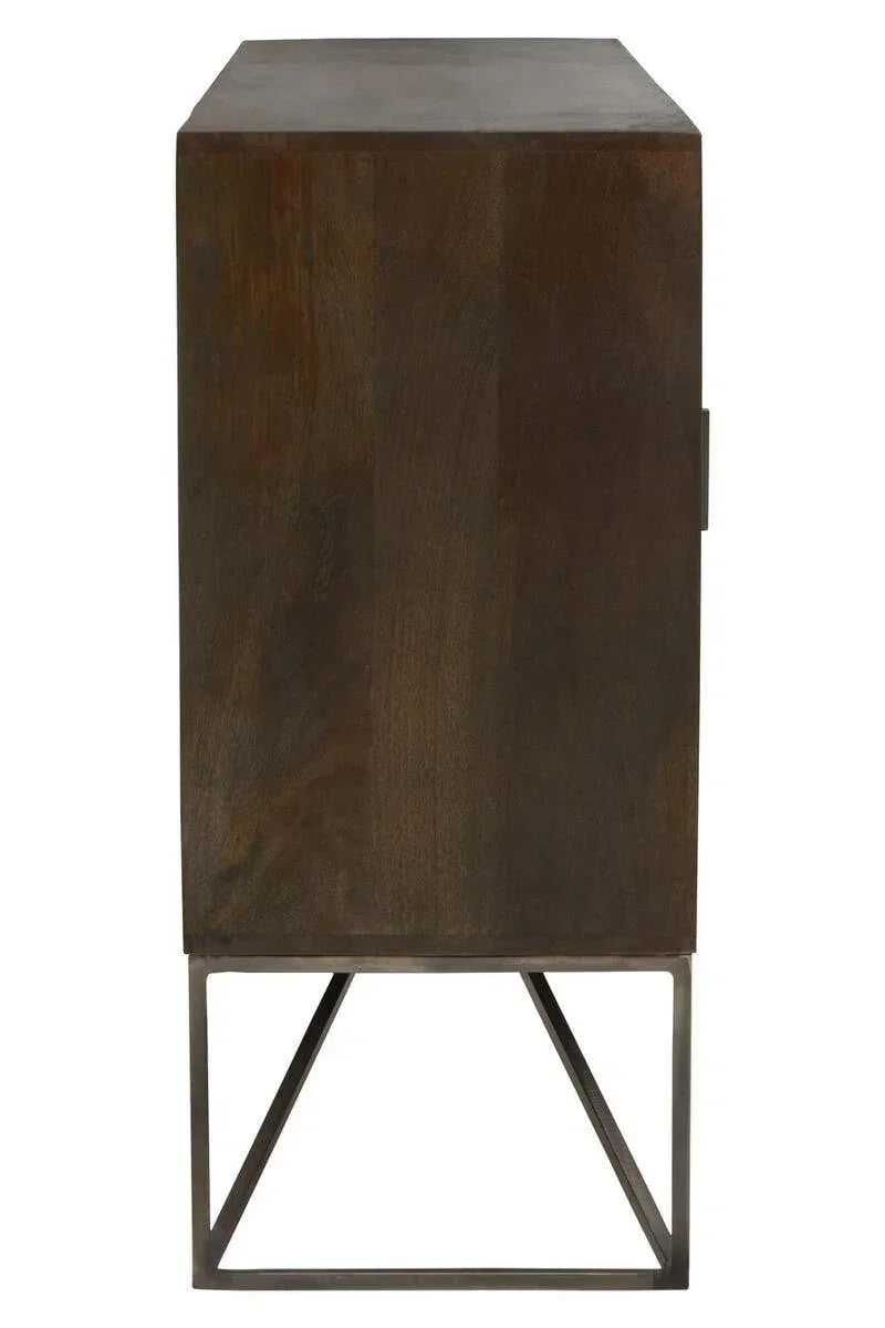 Side view of dark wood sideboard with metal legs and minimalist design