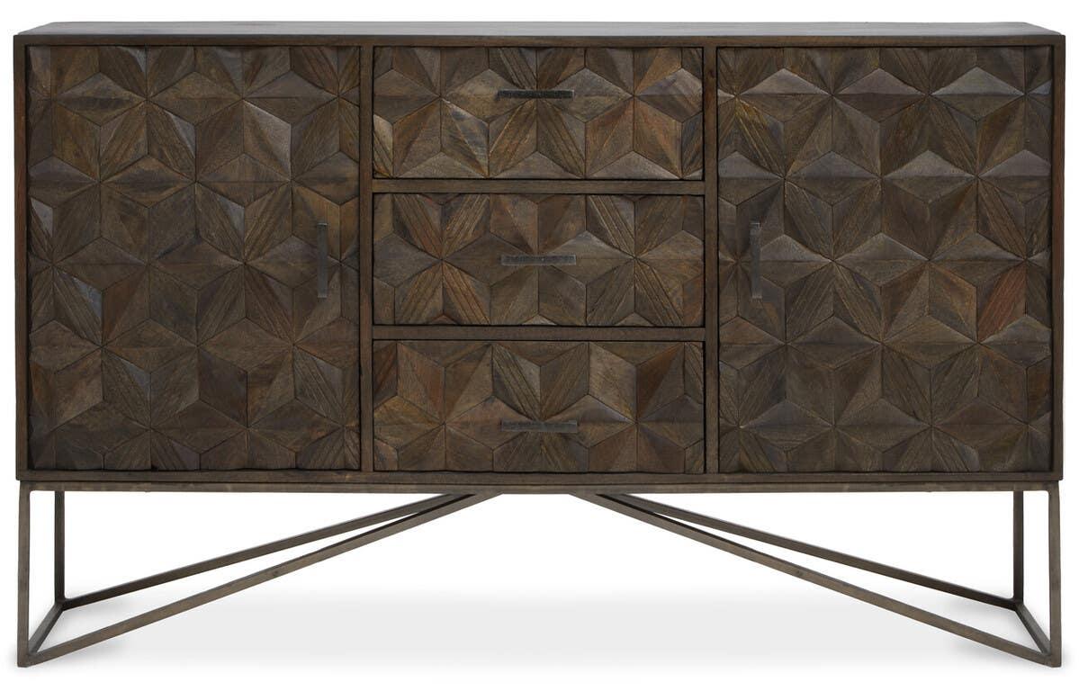 Solana Brown Geometric Pattern Mango Wood Sideboard with Metal Base