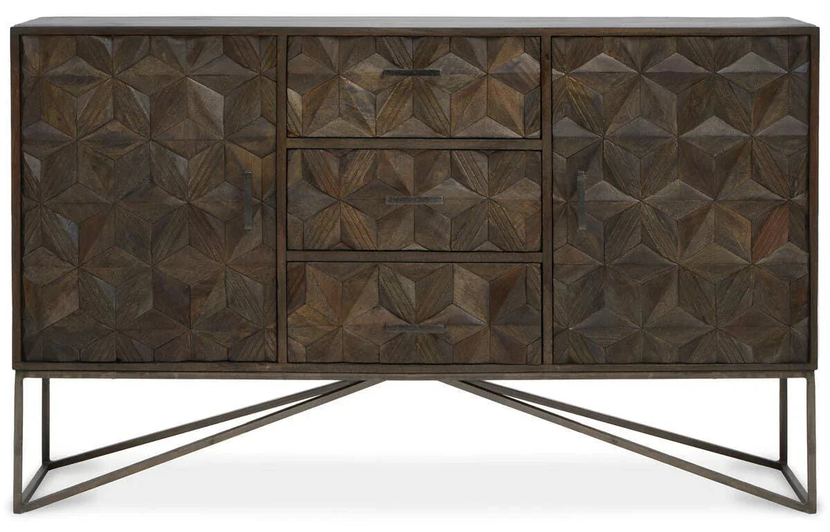 Geometric carved wood sideboard with three drawers and two cupboards on metal legs