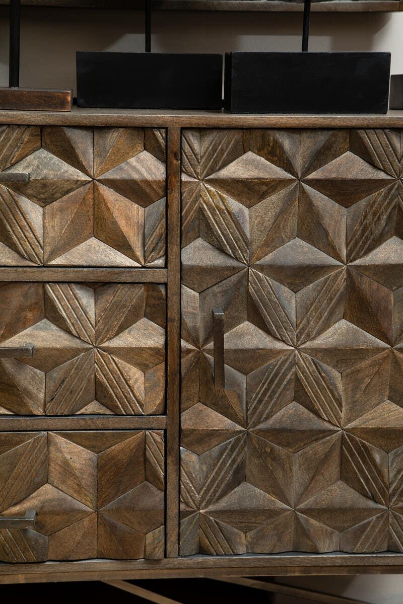 Solana Brown Geometric Pattern Mango Wood Sideboard with Metal Base
