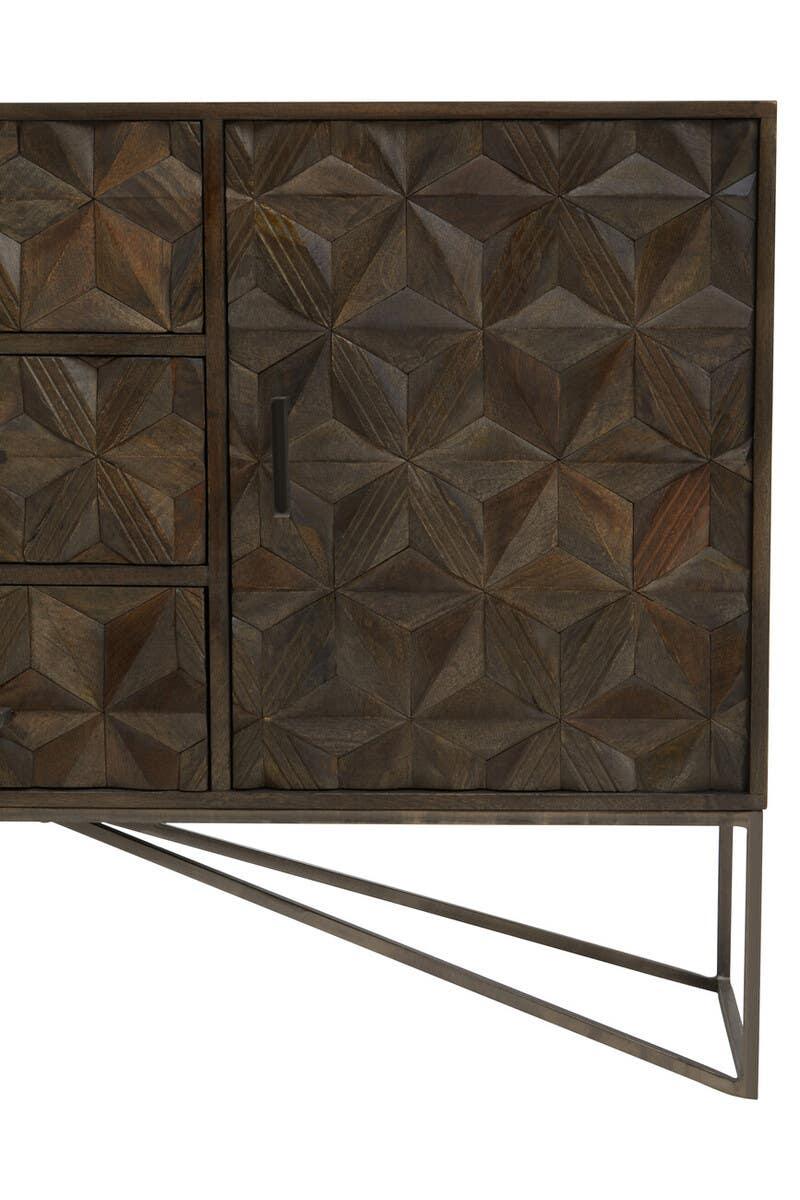 Solana Brown Geometric Pattern Mango Wood Sideboard with Metal Base
