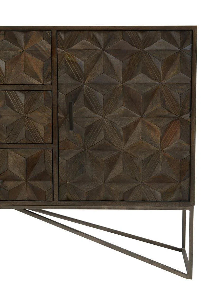 Wooden sideboard with geometric carved drawers and metal legs, close-up view