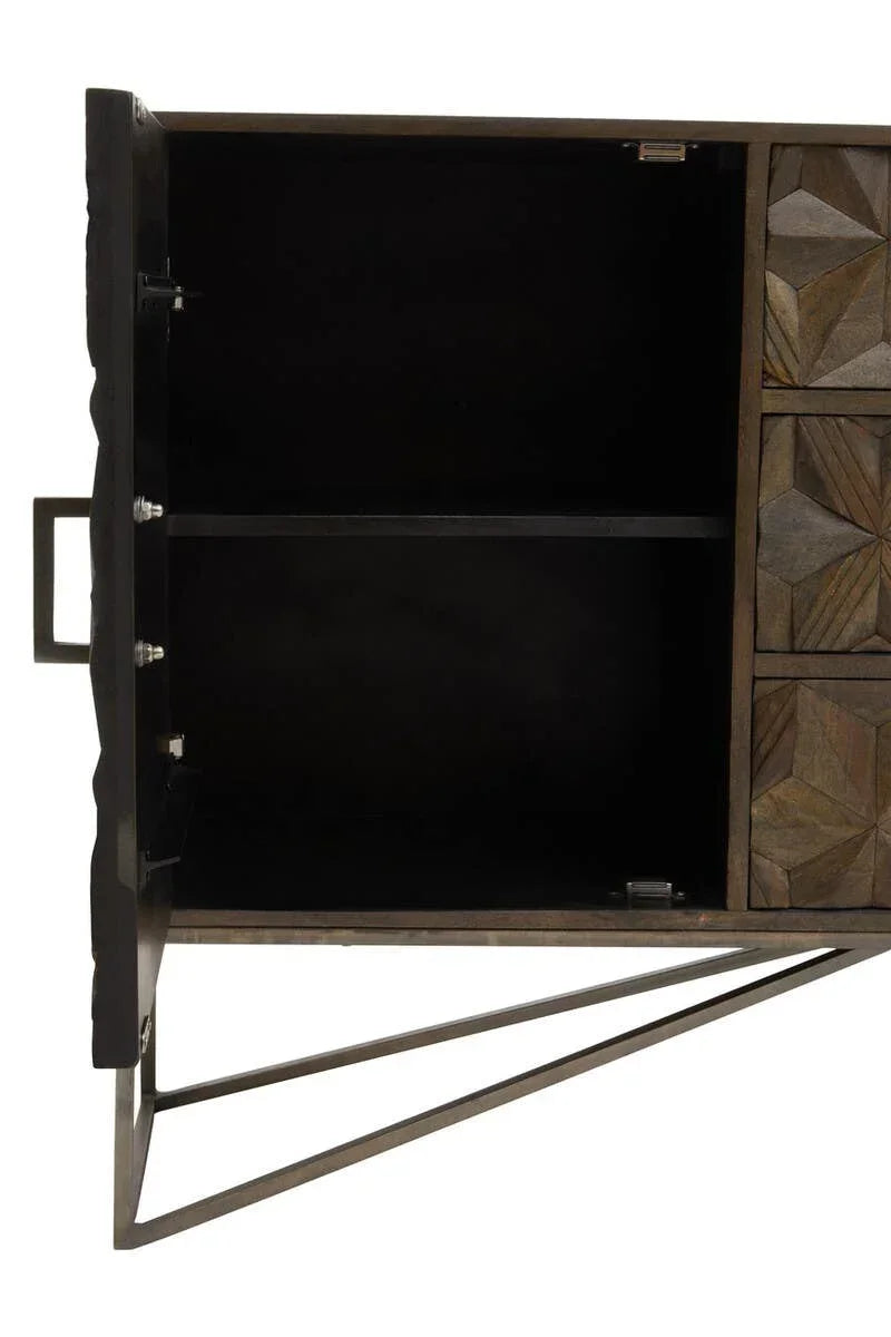 Sideboard with open cabinet door, revealing black interior and metal legs