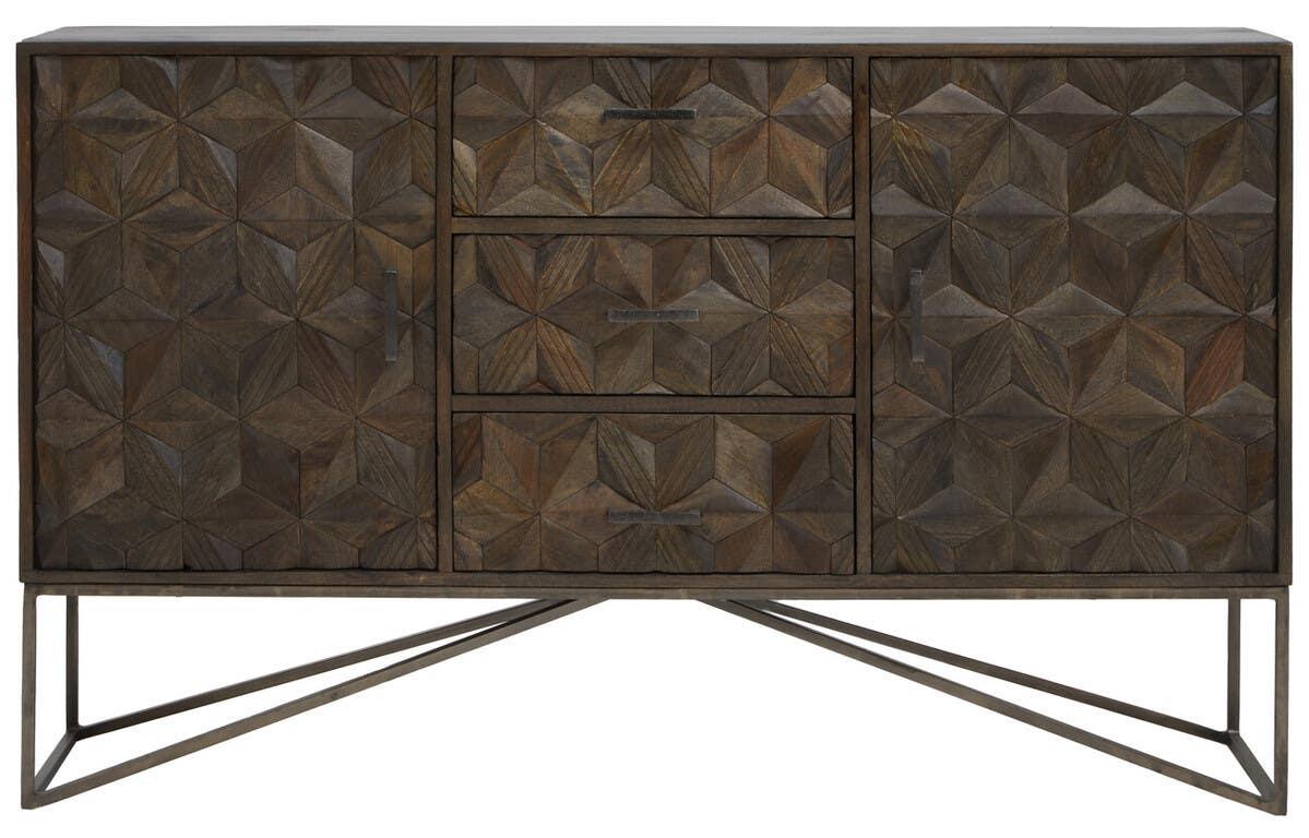 Solana Brown Geometric Pattern Mango Wood Sideboard with Metal Base