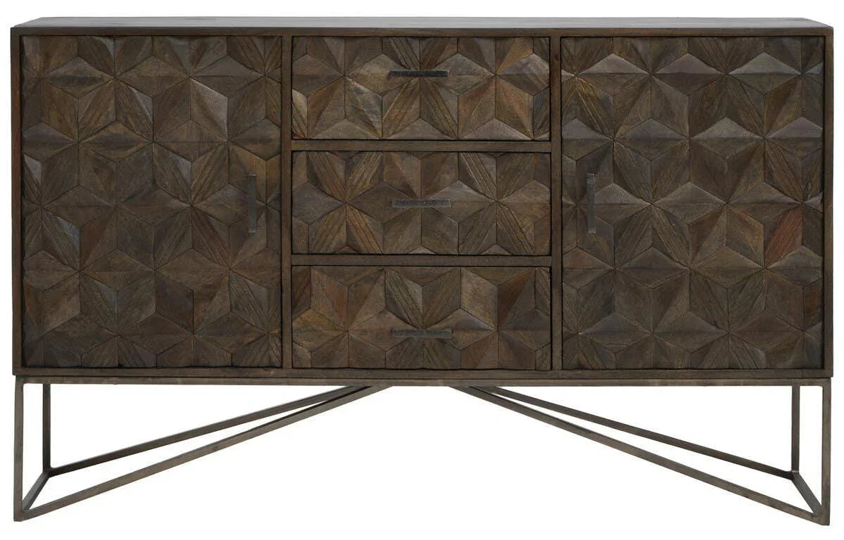 Dark wood sideboard with geometric carved doors, three central drawers and metal legs