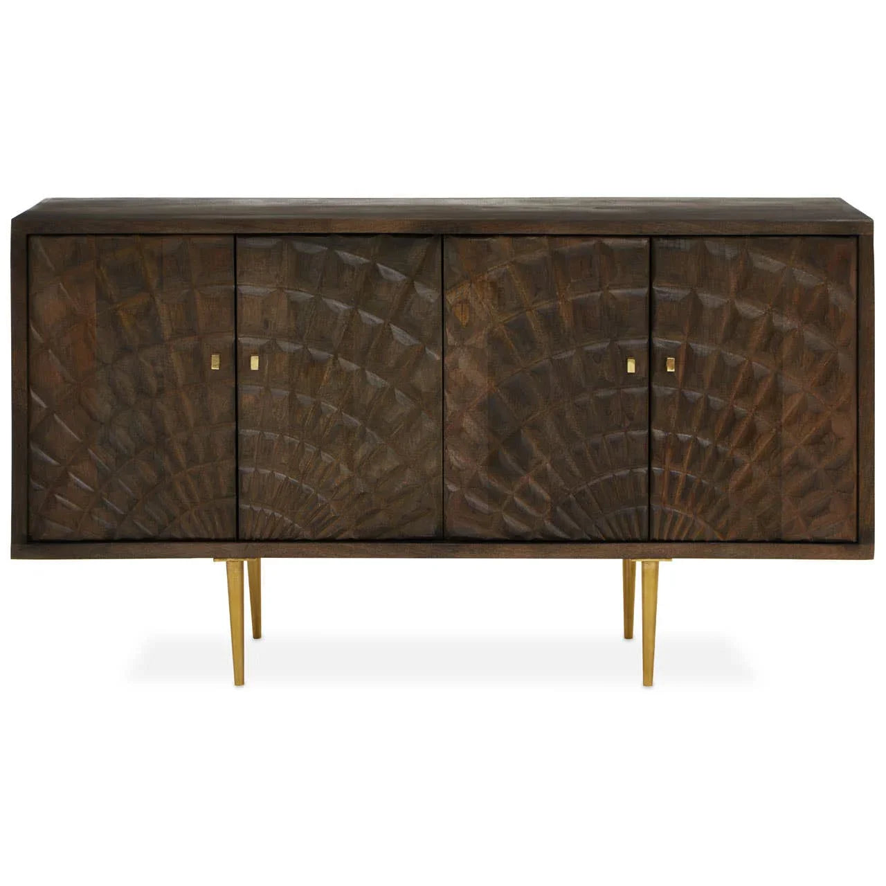 Golden Rhombus Mango Wood Sideboard with Embossed Faceted Patterns