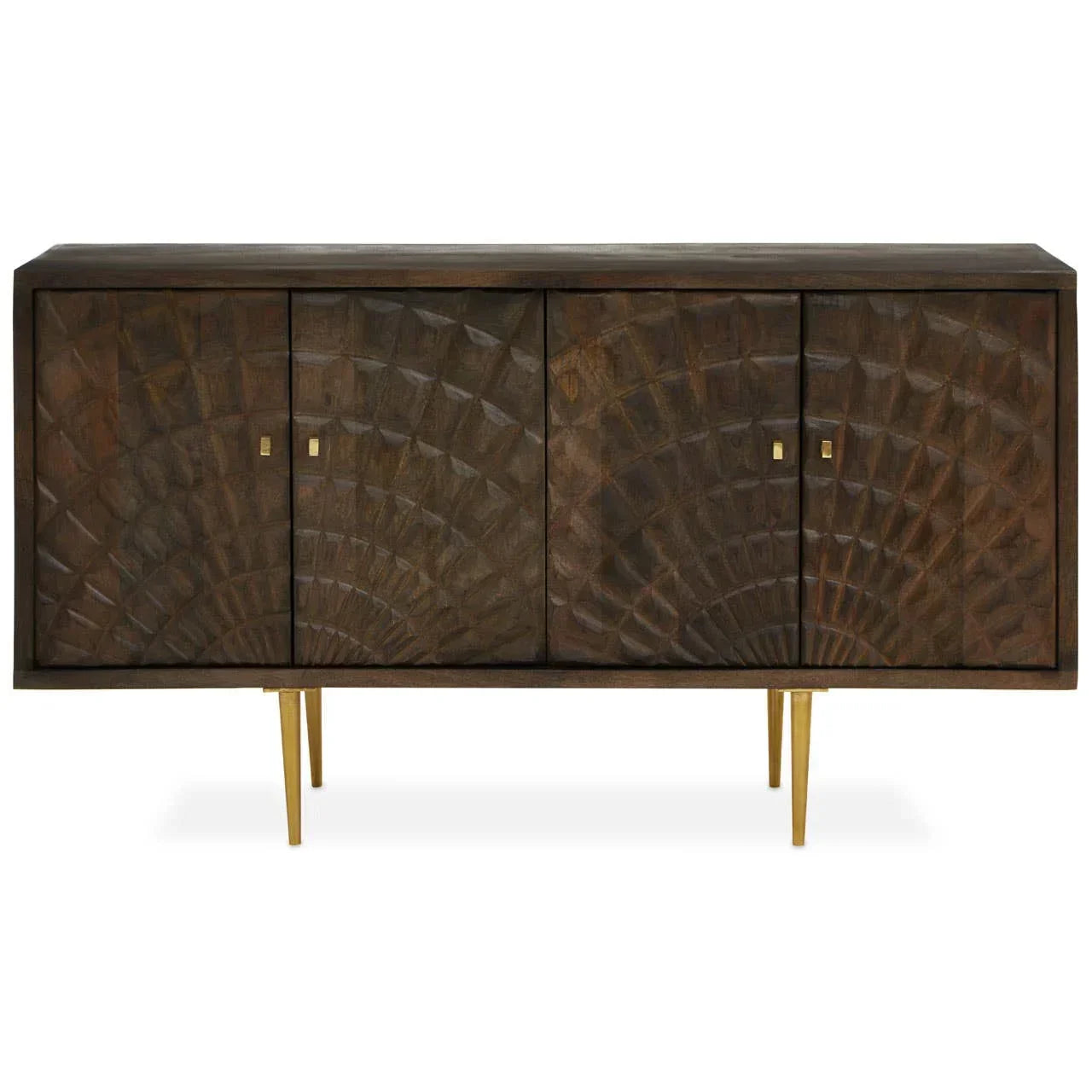 Dark wood sideboard with geometric carved doors and gold metal legs