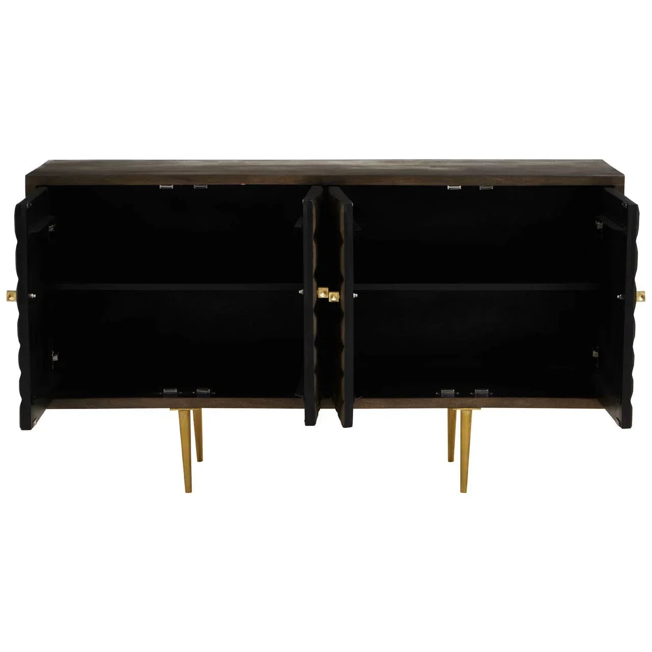 Modern sideboard cabinet with open black doors, interior shelves, and gold metal legs