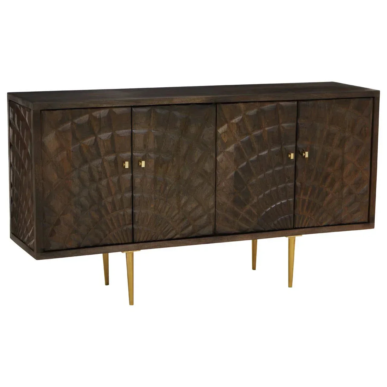Dark wood sideboard with geometric carved doors and gold metal legs