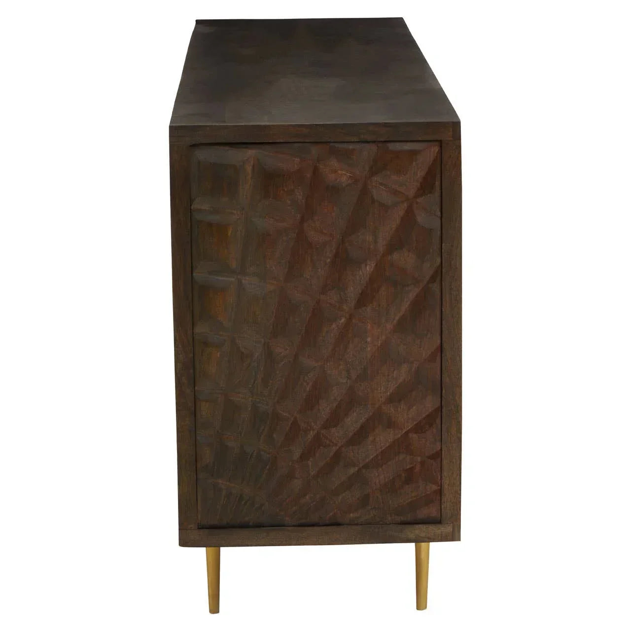 Side view of dark wood sideboard with carved geometric pattern and gold legs