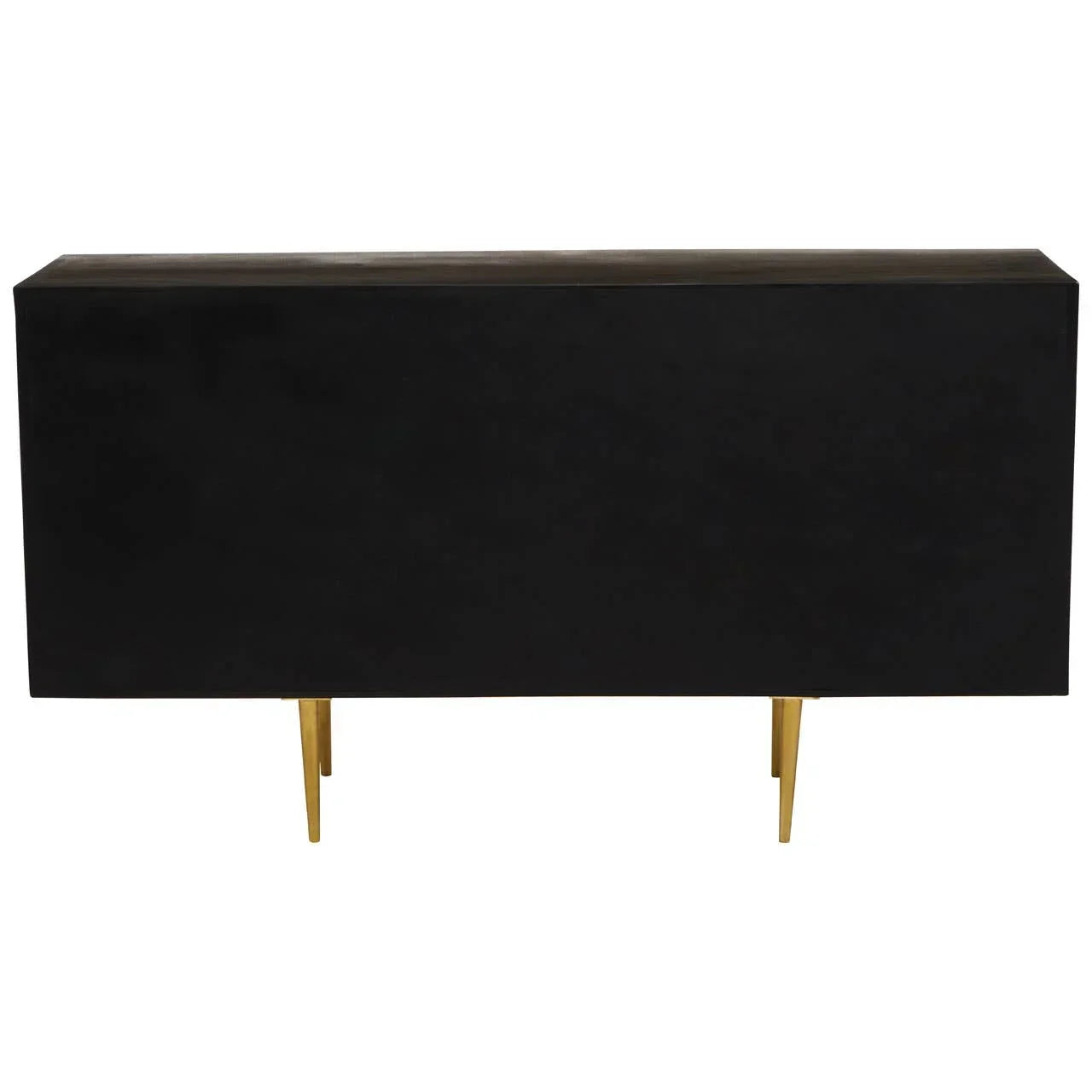 Black sideboard with gold metal legs, rear view, modern furniture accent piece