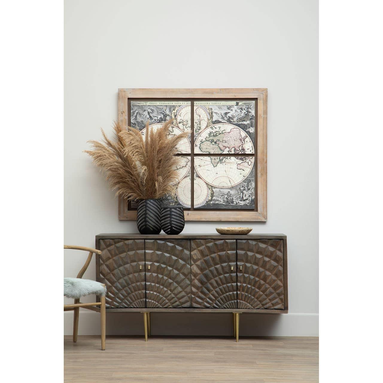 Golden Rhombus Mango Wood Sideboard with Embossed Faceted Patterns