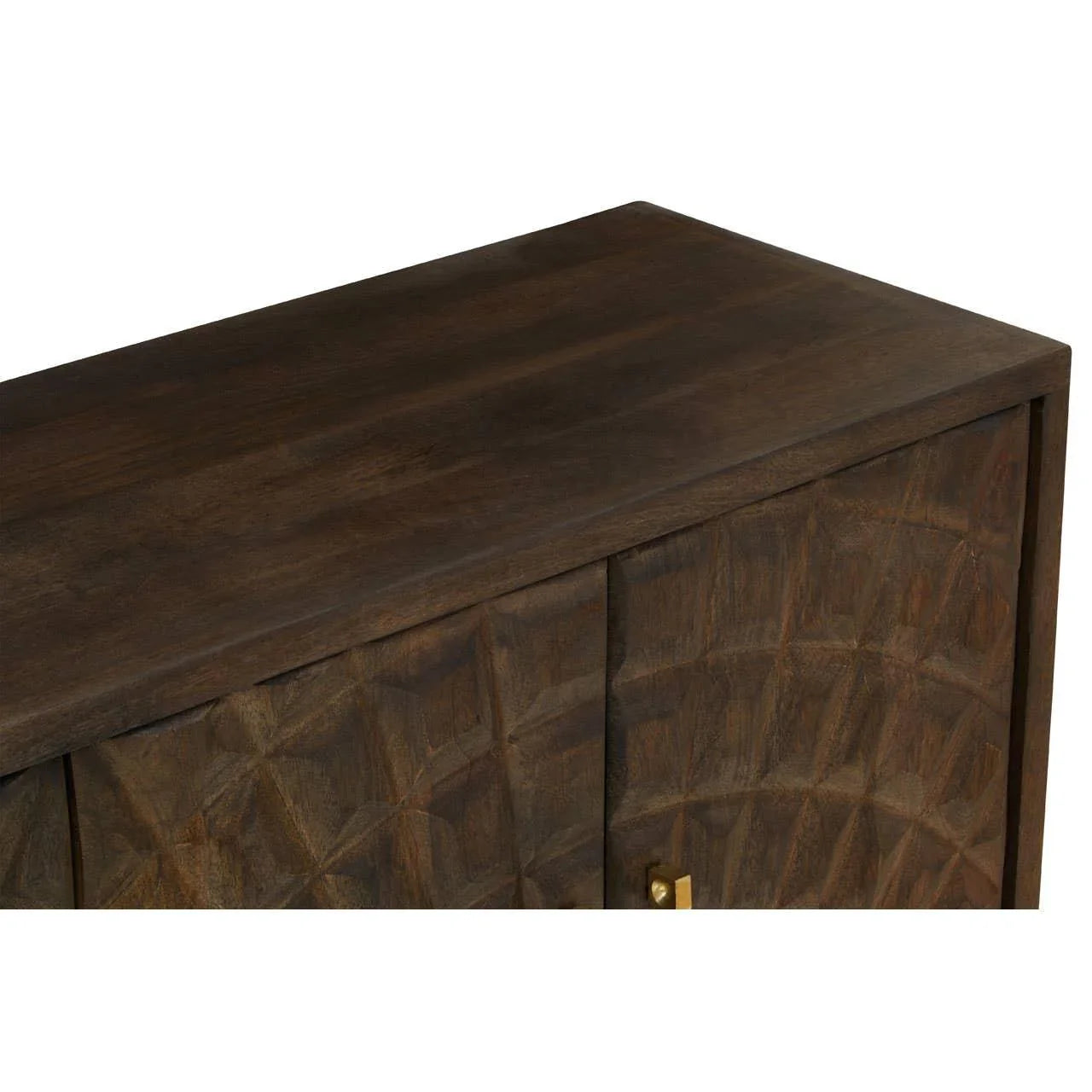 Dark wood sideboard with carved geometric front panel and gold-tone handle detail