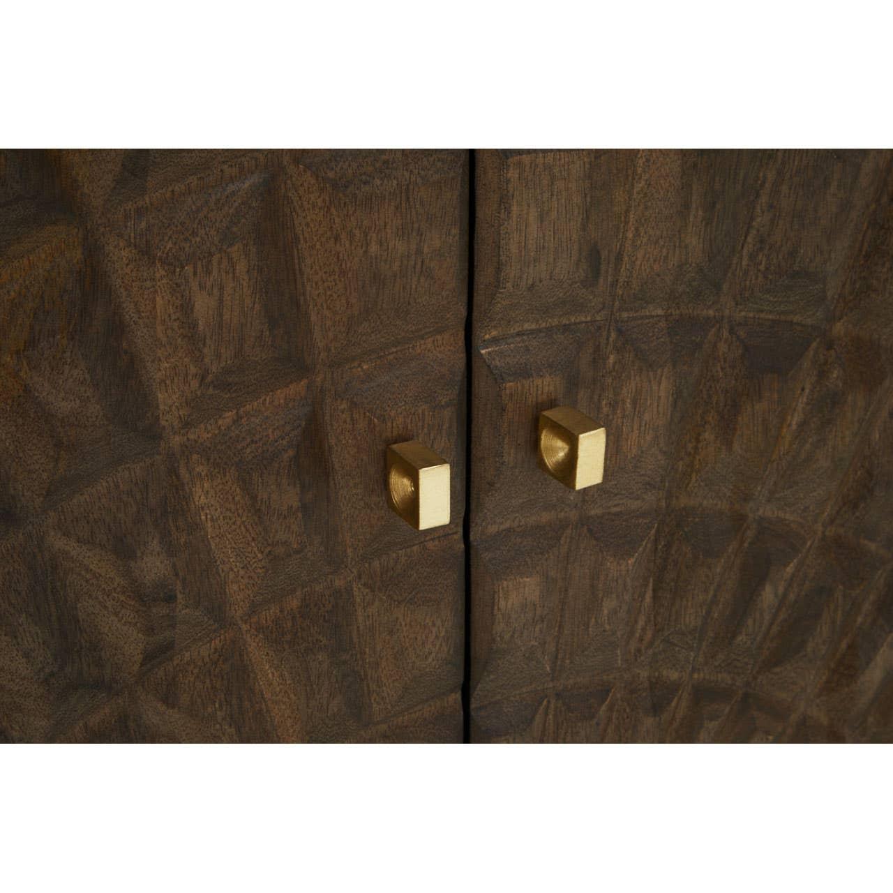 Wood cabinet doors with geometric pattern and gold square handles close up