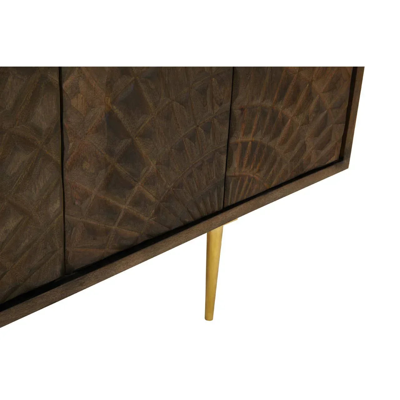 Carved wood sideboard corner with gold metal leg and geometric pattern detail