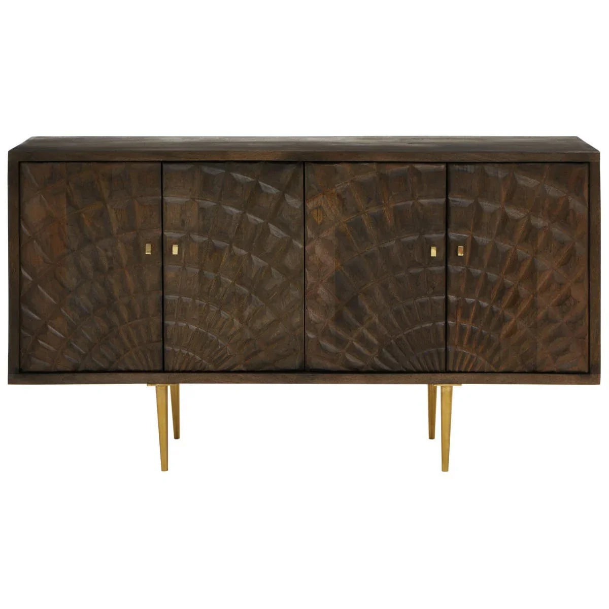 Golden Rhombus Mango Wood Sideboard with Embossed Faceted Patterns