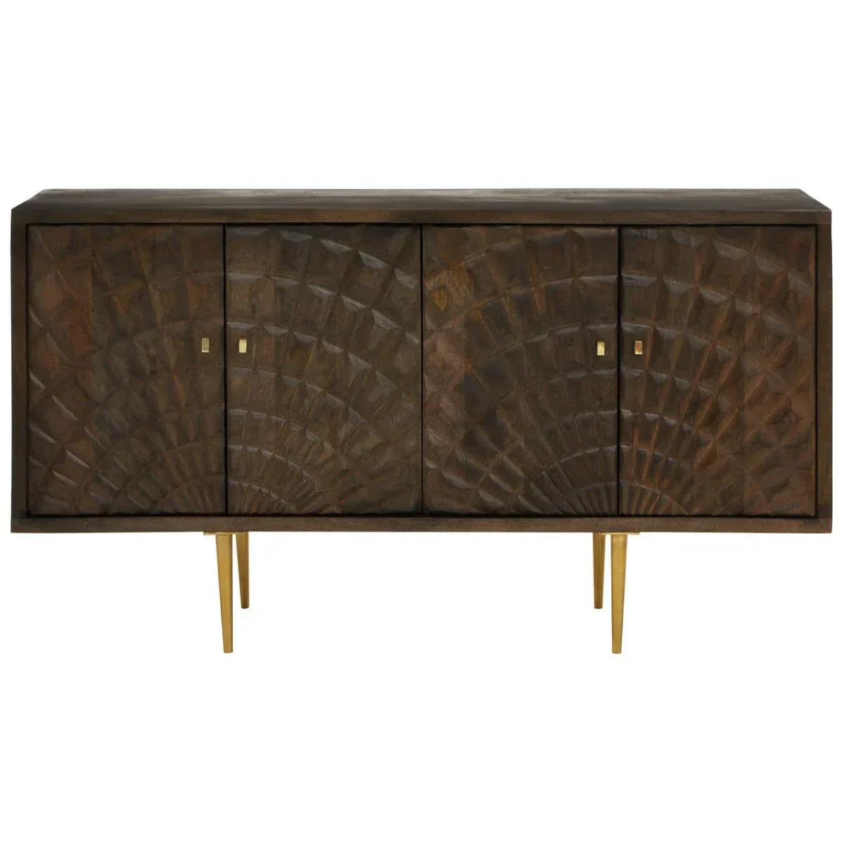 Dark wood sideboard with carved geometric doors and gold metal legs