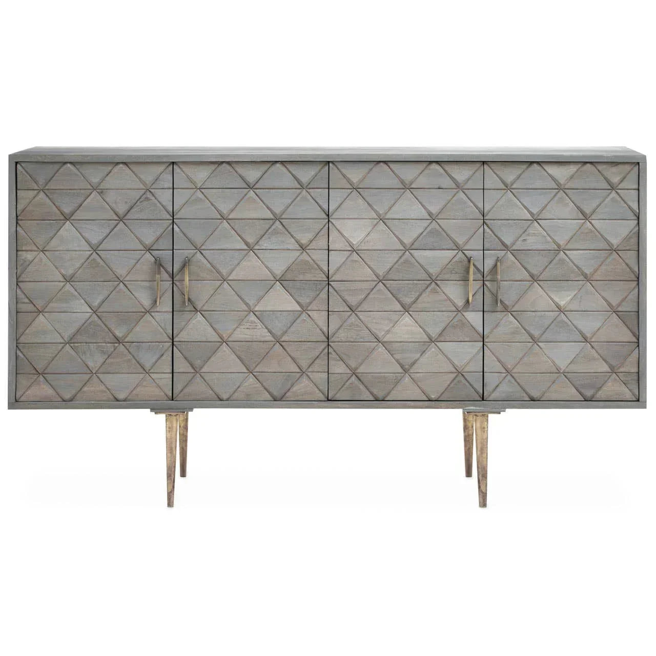 Grey sideboard with diamond pattern doors and brass handles on angled legs