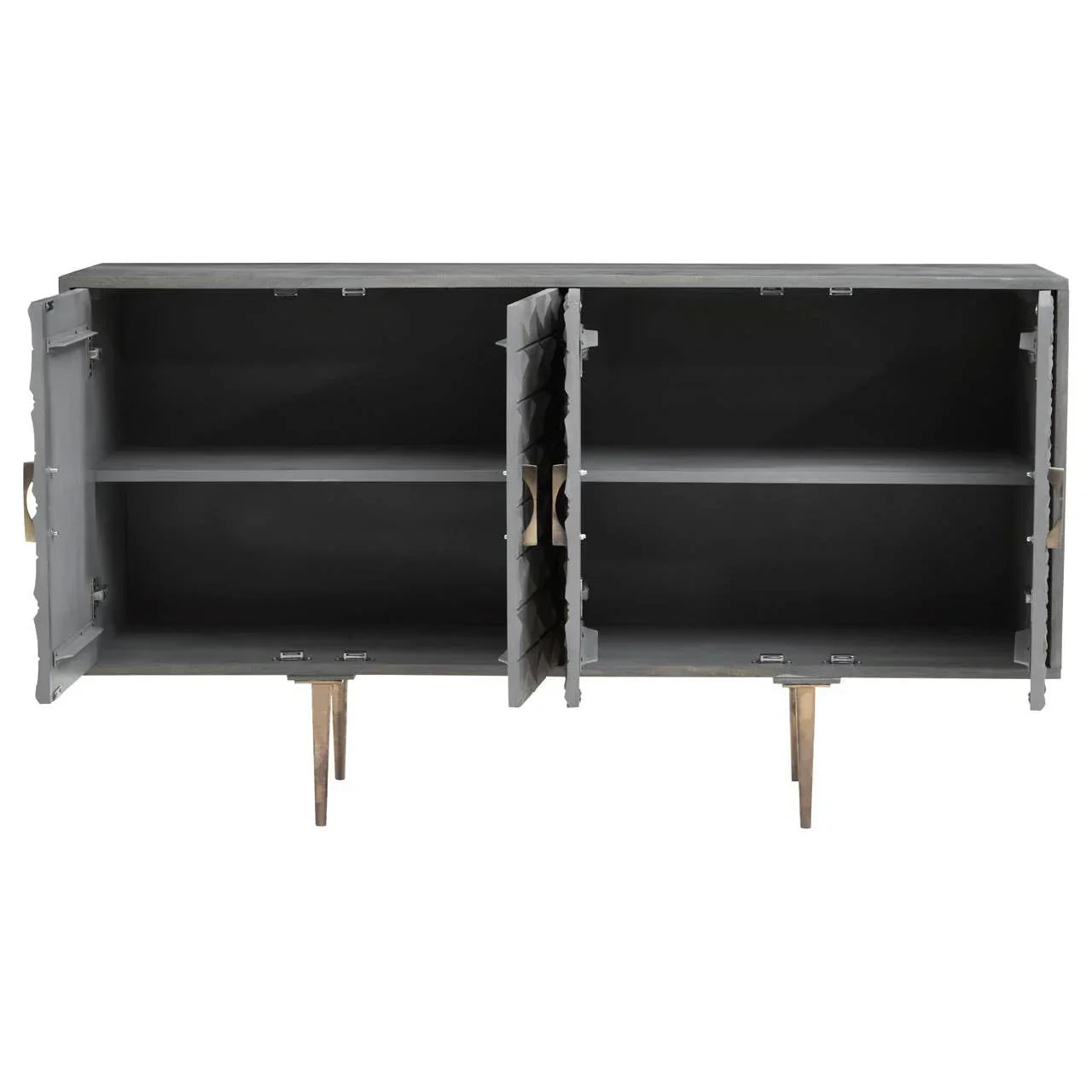 Grey sideboard cabinet with open double doors and internal shelf, gold legs visible