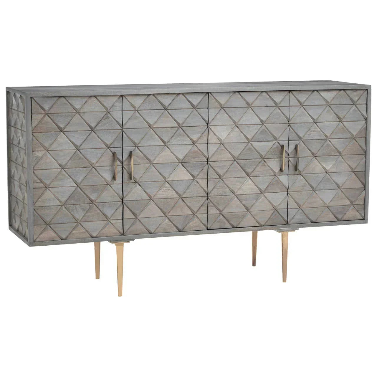 Grey wooden sideboard with geometric pattern and brass legs, four doors, modern design