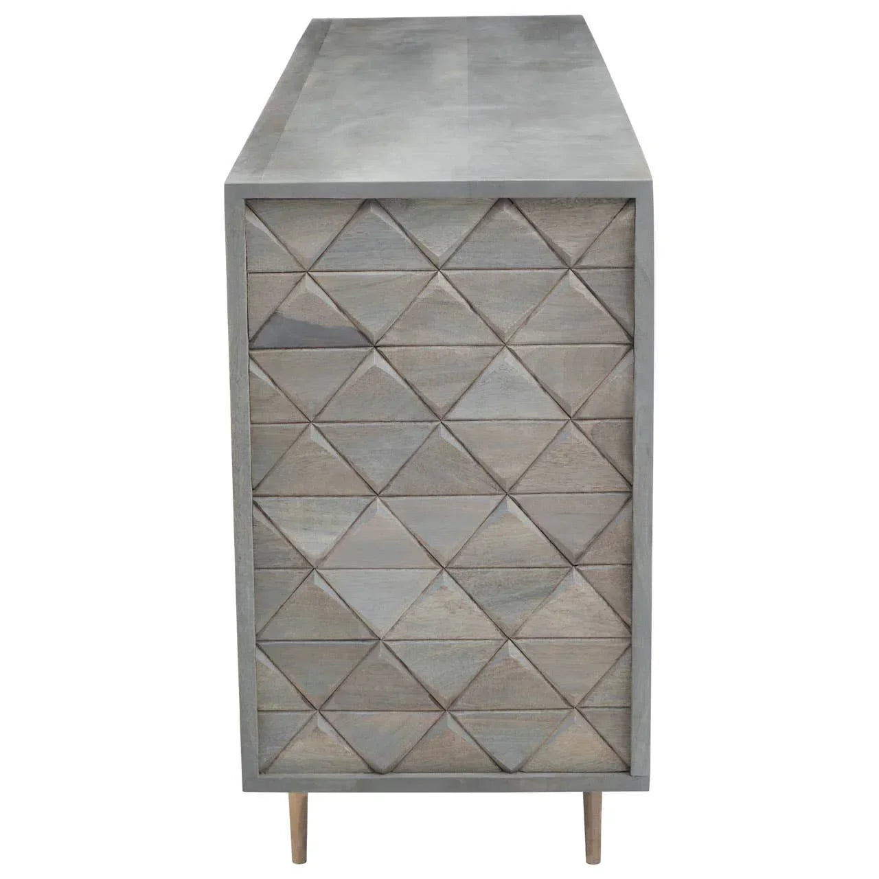Side view of wooden chest of drawers with geometric diamond pattern and slim legs