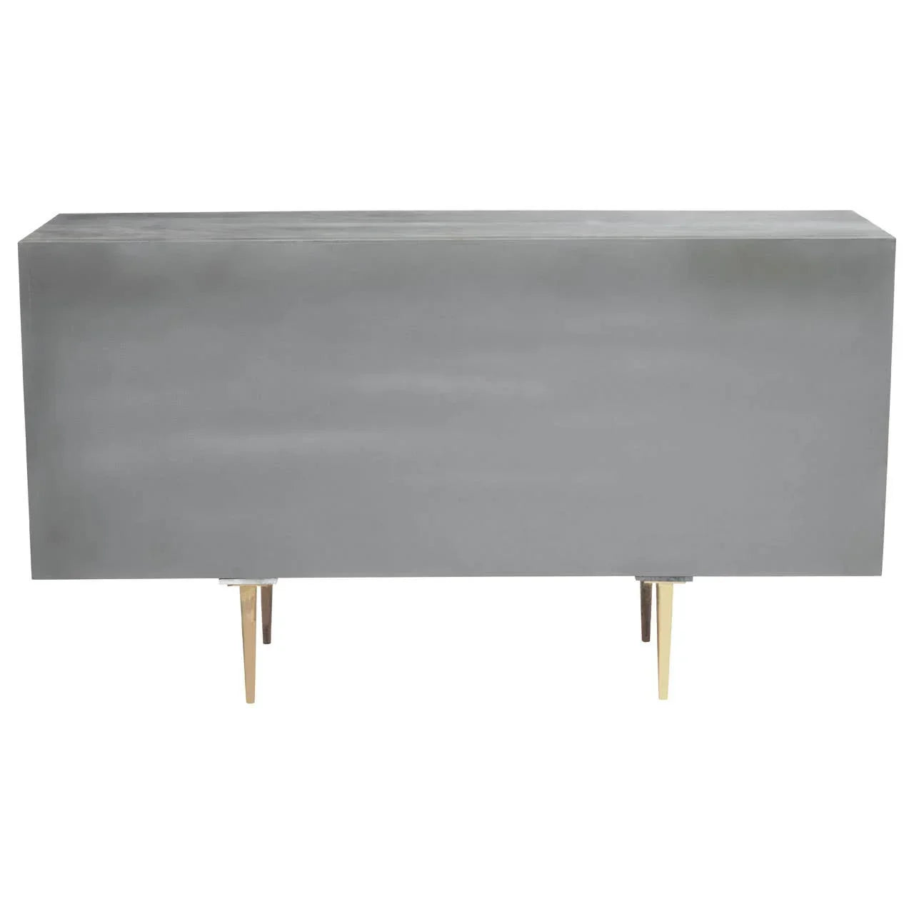 Rear view of grey sideboard cabinet with gold tapered legs