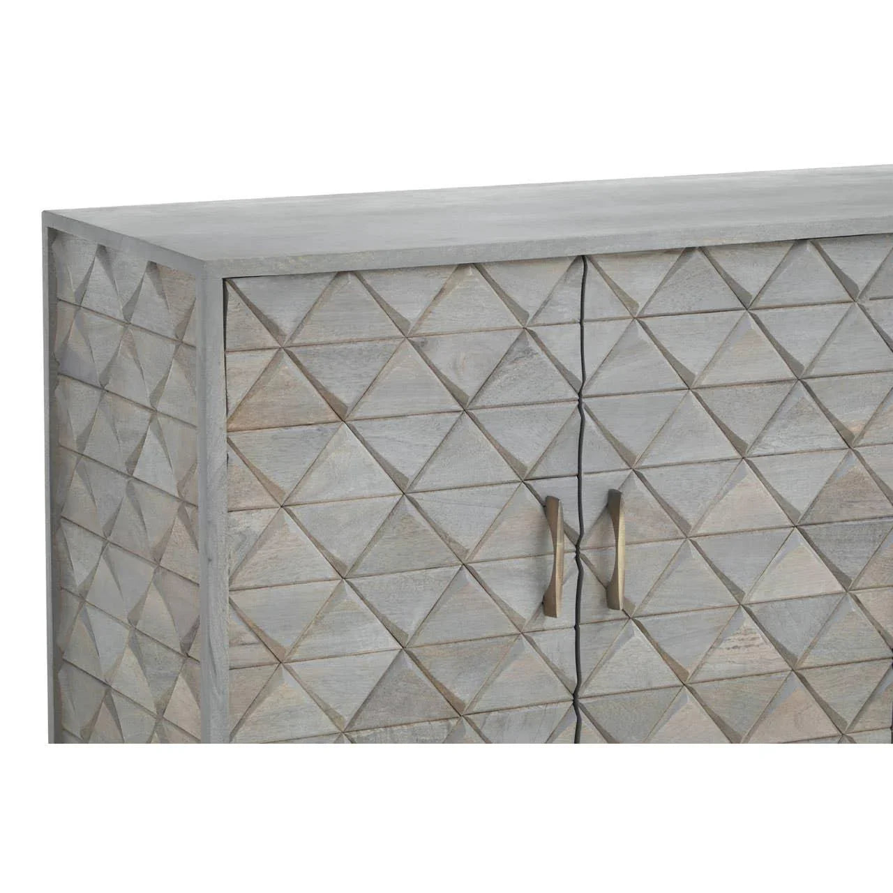 Geometric wood sideboard with textured diamond pattern and brass handles, partial front view