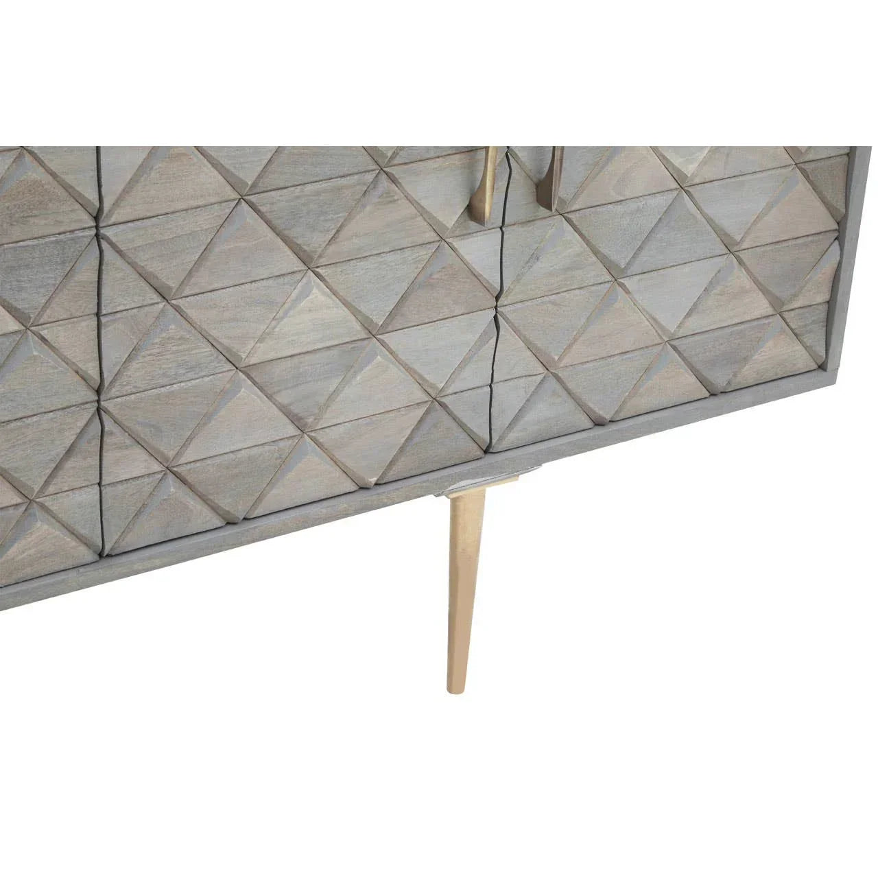 Geometric wood sideboard detail with gold leg and textured diamond pattern front