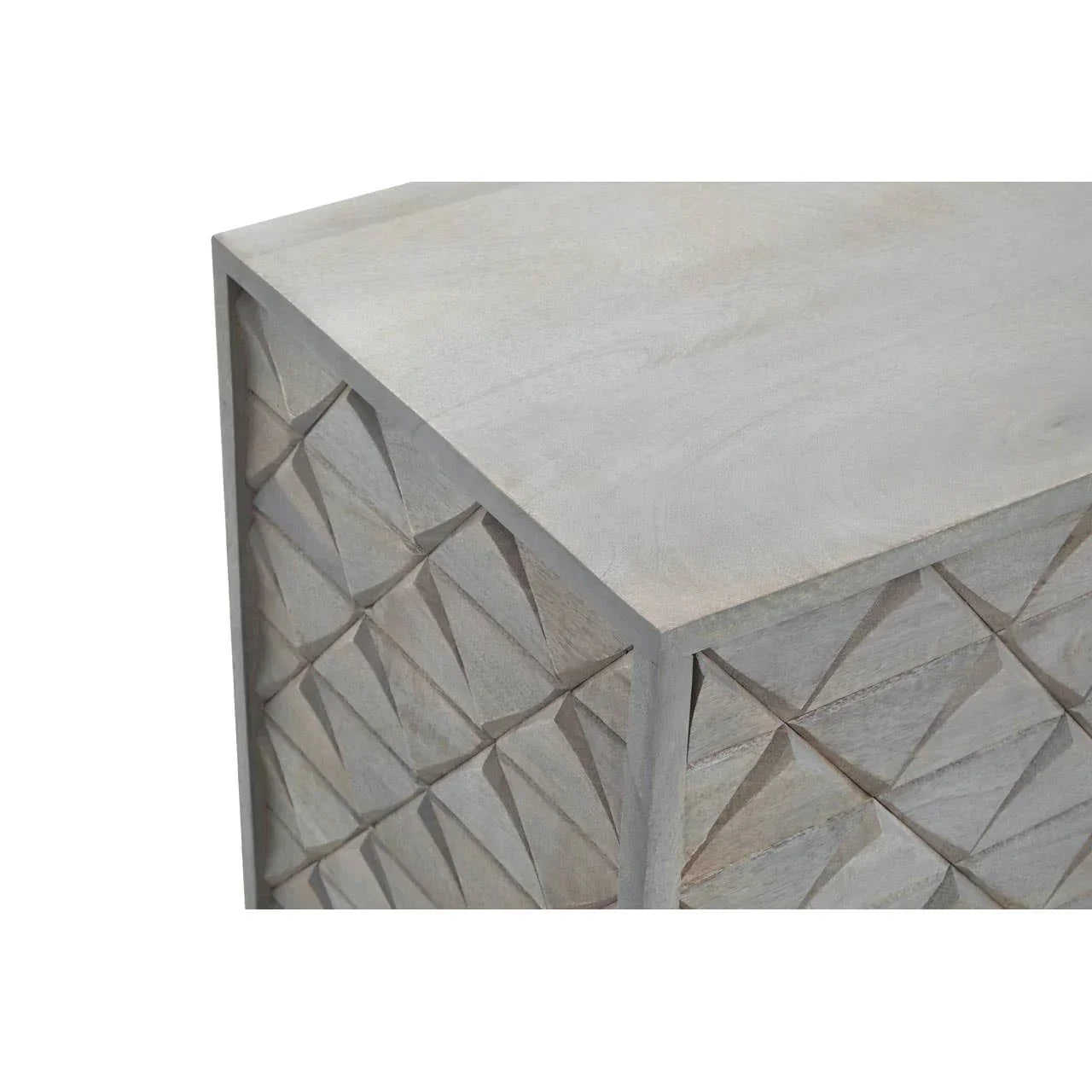 Textured wood side table with geometric carved pattern and light natural finish