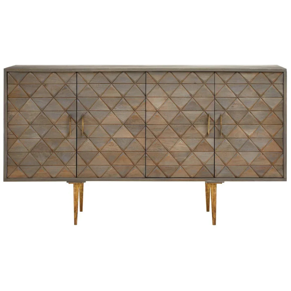 Geometric wood sideboard with four doors and gold metal legs