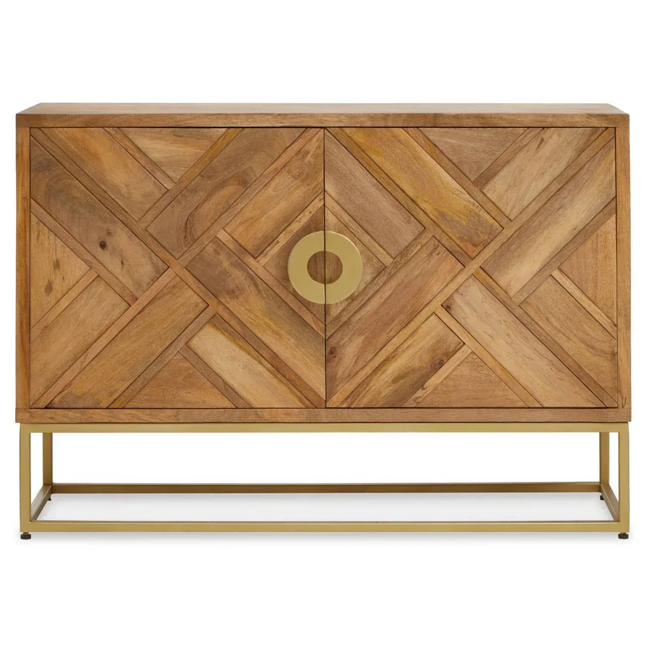 Wood sideboard with geometric pattern, brass base and circular brass handles