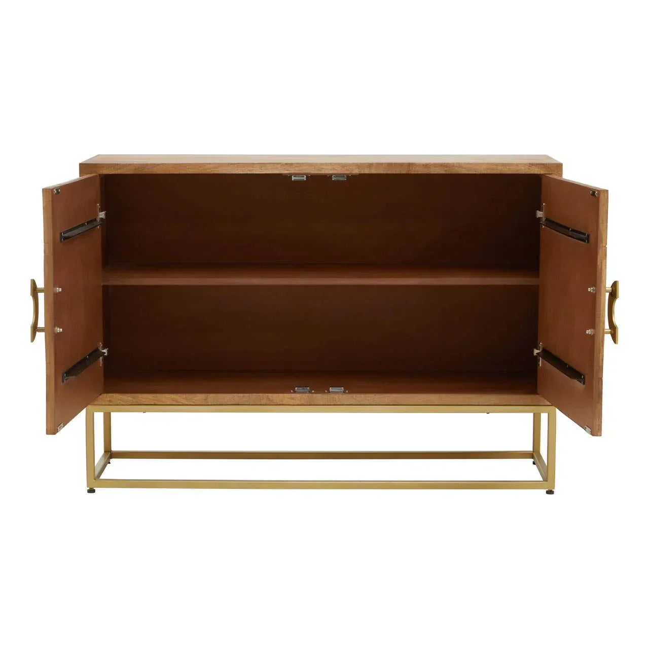 Wood sideboard cabinet with open doors, brass handles, and gold metal base